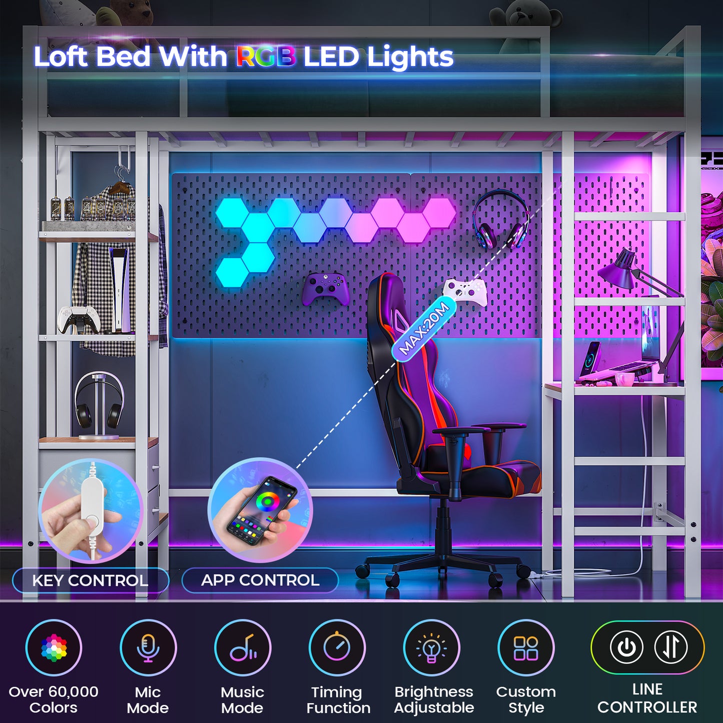 Hasuit | Loft Bed Twin Size with Desk and Charging Station Metal Twin Loft Bed with LED Lights 4 Storage Shelves and Safety Guard