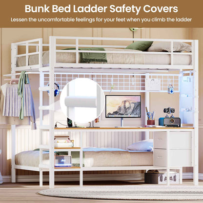 Hasuit | Full Over Twin Bunk Bed with Desk Convertible Storage Shelf Metal Loft Bed with Led Lights & Charging Station Bunk Beds for Teens with Safety Guard & Stairs