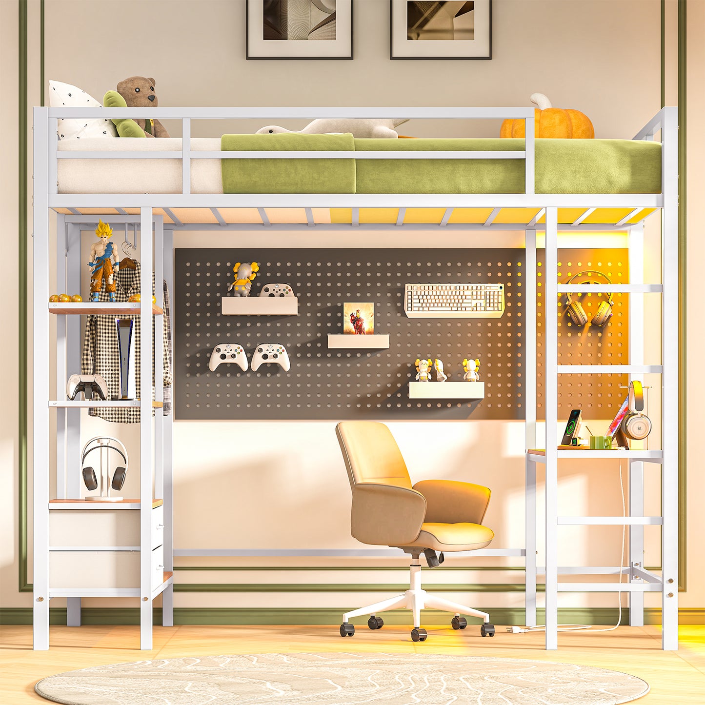 Hasuit | Loft Bed Twin Size with Desk and Charging Station Metal Twin Loft Bed with LED Lights 4 Storage Shelves and Safety Guard