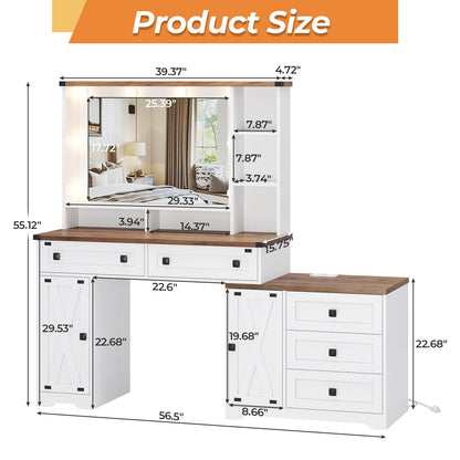 Hasuit | 56.5 Inch Farmhouse Makeup Vanity Desk with Hollywood Makeup Mirror Large Dressing Table with Charging Station and Shelves