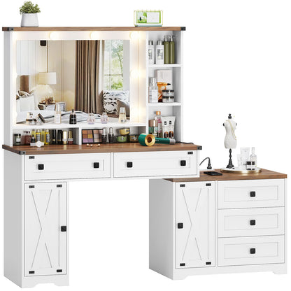 Hasuit | 56.5 Inch Farmhouse Makeup Vanity Desk with Hollywood Makeup Mirror Large Dressing Table with Charging Station and Shelves
