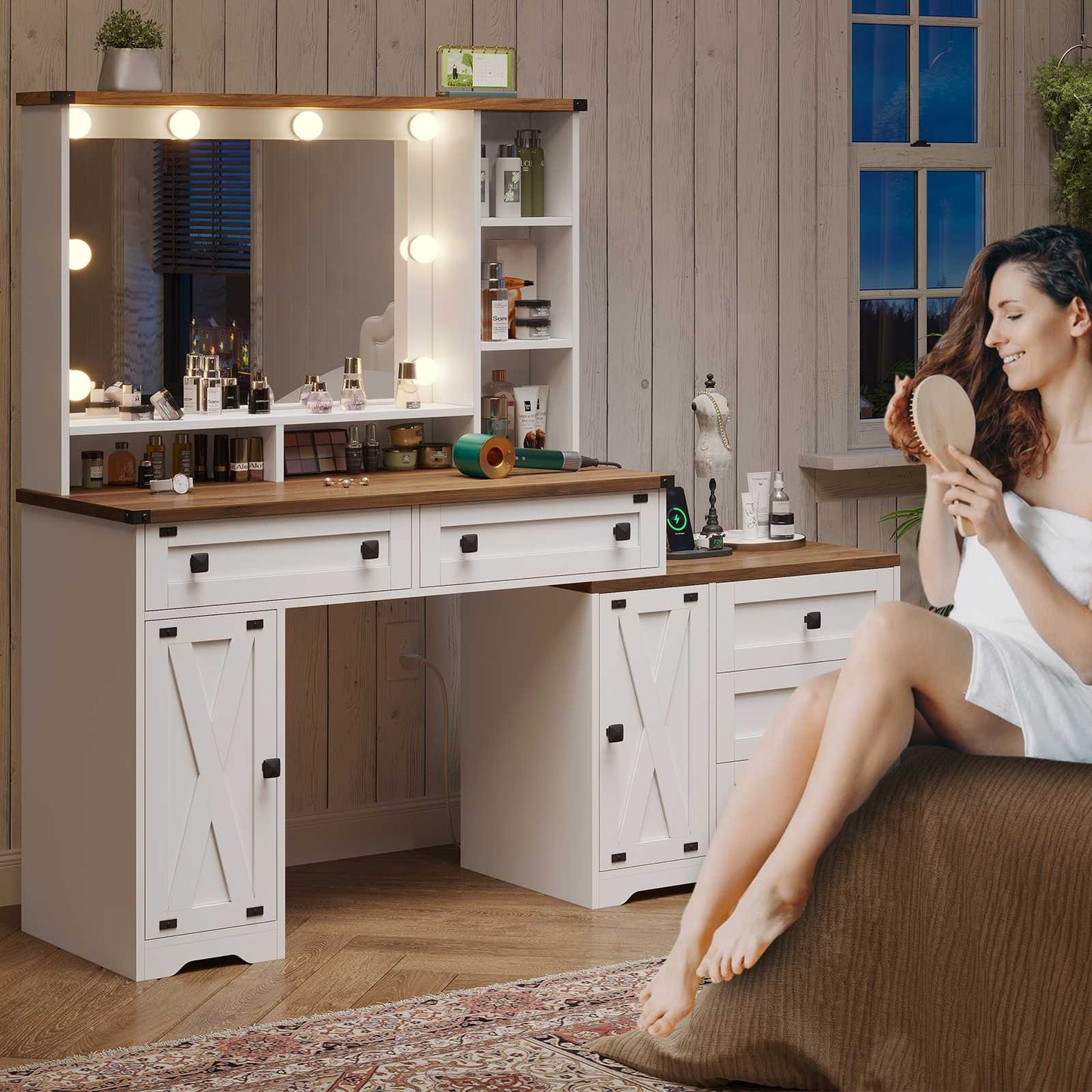 Hasuit | 56.5 Inch Farmhouse Makeup Vanity Desk with Hollywood Makeup Mirror Large Dressing Table with Charging Station and Shelves