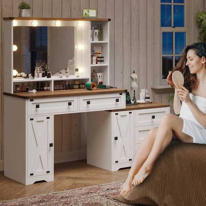 Hasuit | 56.5 Inch Farmhouse Makeup Vanity Desk with Hollywood Makeup Mirror Large Dressing Table with Charging Station and Shelves