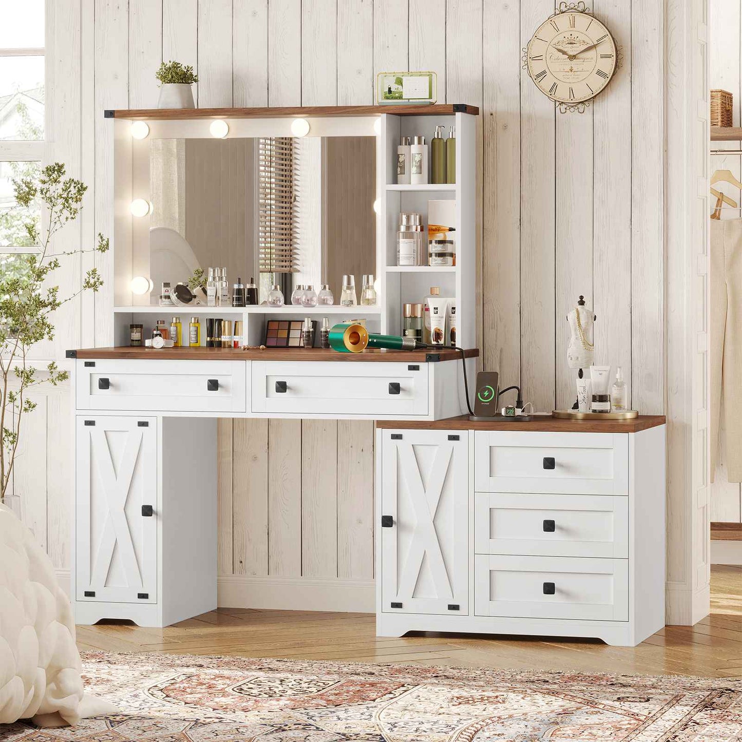 Hasuit | 56.5 Inch Farmhouse Makeup Vanity Desk with Hollywood Makeup Mirror Large Dressing Table with Charging Station and Shelves