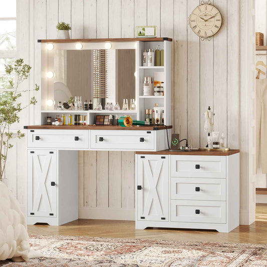 Hasuit | 56.5 Inch Farmhouse Makeup Vanity Desk with Hollywood Makeup Mirror Large Dressing Table with Charging Station and Shelves
