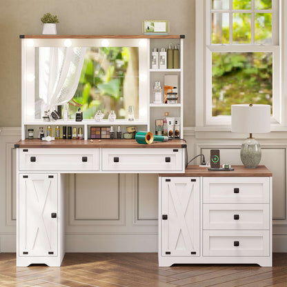 Hasuit | 56.5 Inch Farmhouse Makeup Vanity Desk with Hollywood Makeup Mirror Large Dressing Table with Charging Station and Shelves
