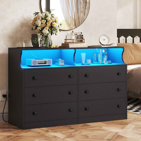 Hasuit | 47.3 Inch Wide Dresser with LED Lights and Charging Station Chest of 6 Drawers with Open Space Modern Large Capacity Storage Cabinet