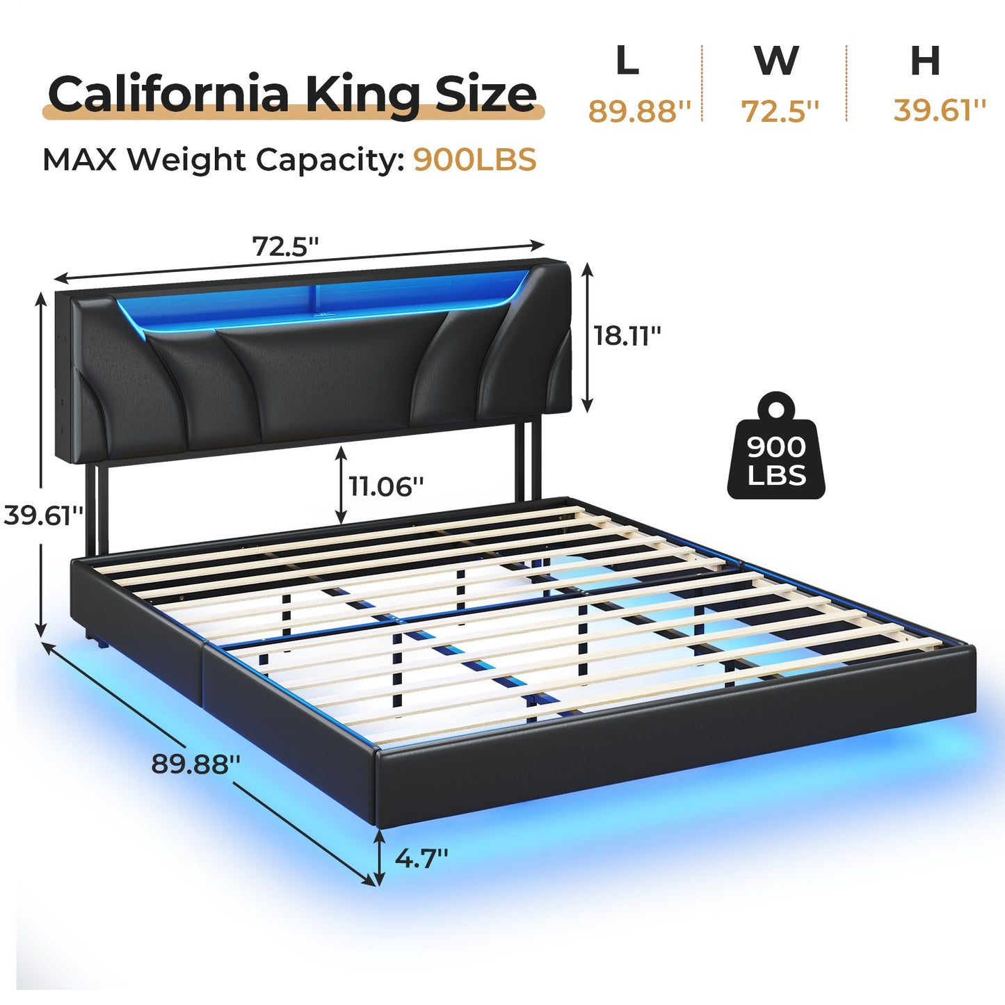 Hasuit | California King Floating Bed Frame with Storage Headboard and LED Lights Cal King Size Visual Floating Bed Frame with Charging Station