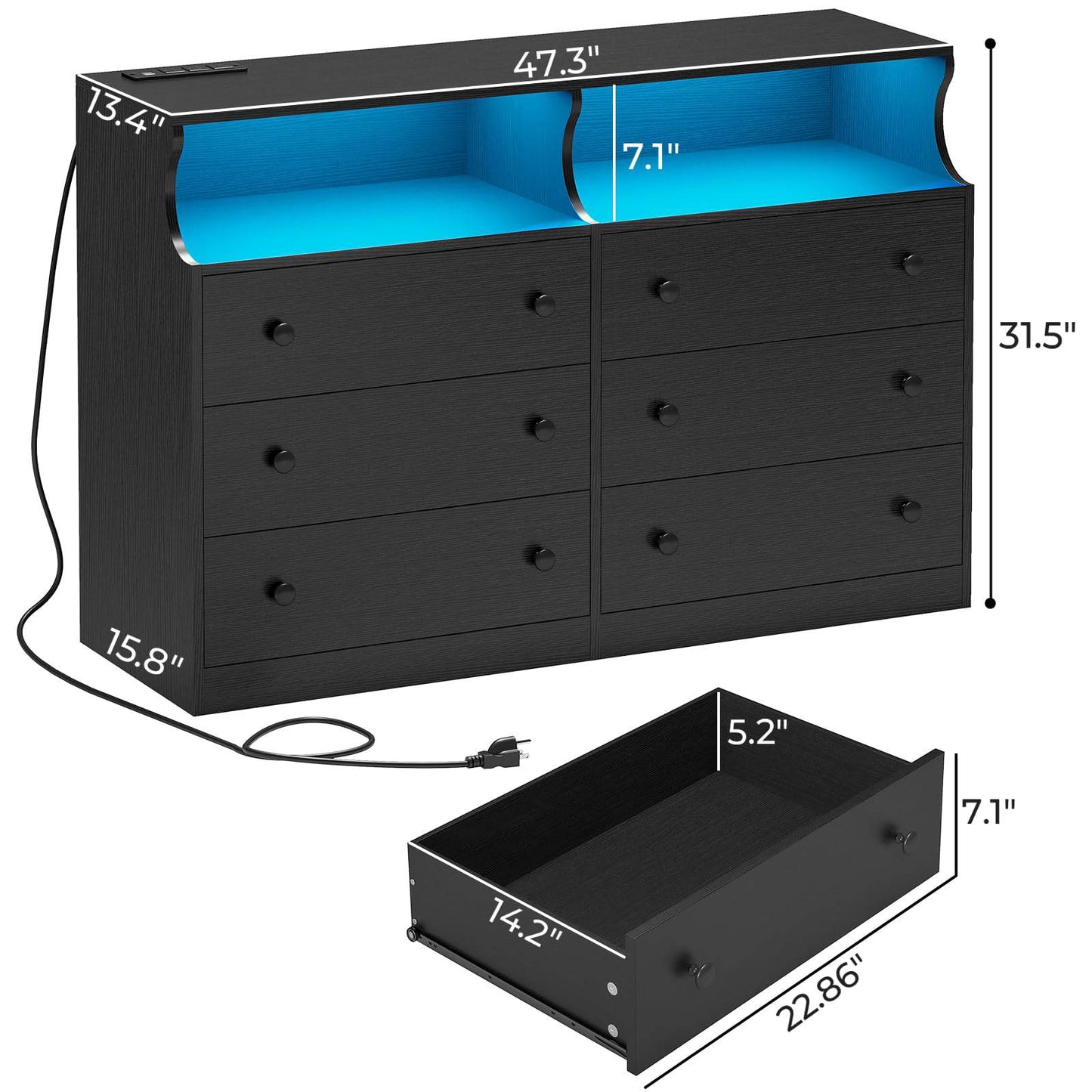 Hasuit | 47.3 Inch Wide Dresser with LED Lights and Charging Station Chest of 6 Drawers with Open Space Modern Large Capacity Storage Cabinet