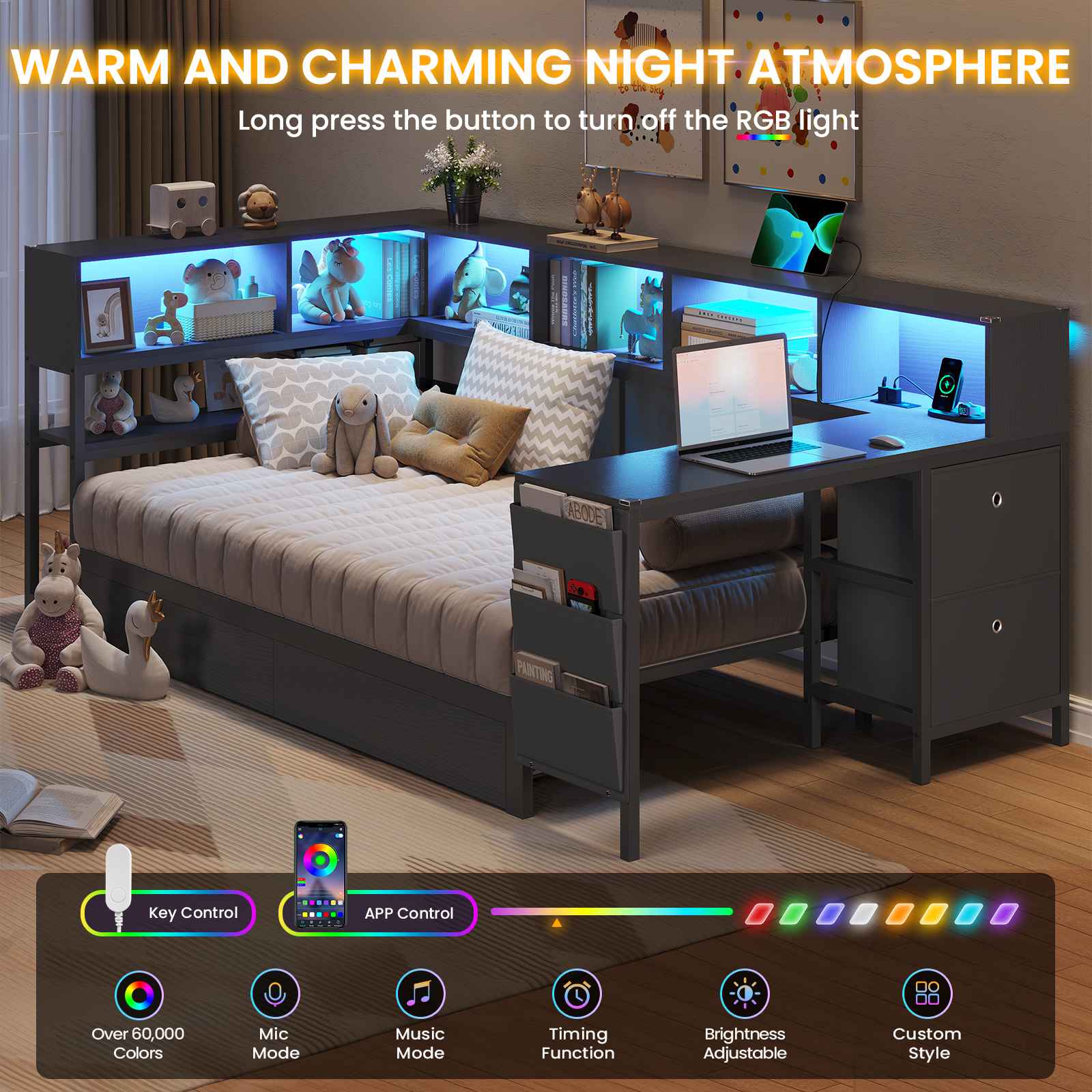 Hasuit | Twin Corner Bed with Desk and Storage Bookcase Daybed with Charging Station and LED Light Modern Teenagers Bedframe