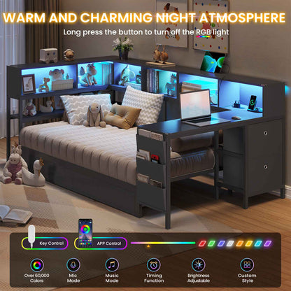 Hasuit | Twin Corner Bed with Desk and Storage Bookcase Daybed with Charging Station and LED Light Modern Teenagers Bedframe