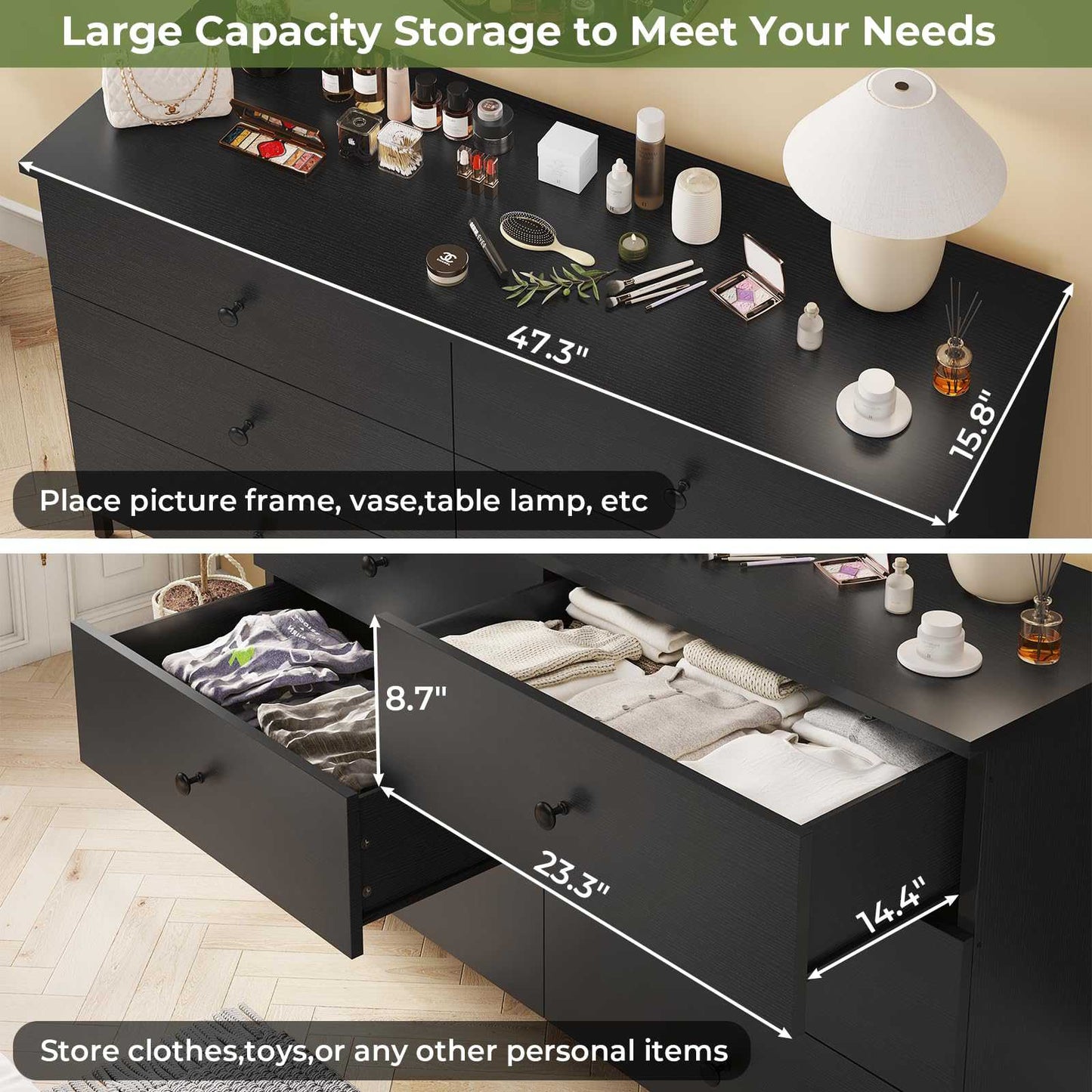 Hasuit | 47.3 Inch Double Dresser Wooden Dressers with Heavy Sturdy Steel Frame Large Capacity Storage Chest of 6 Drawers