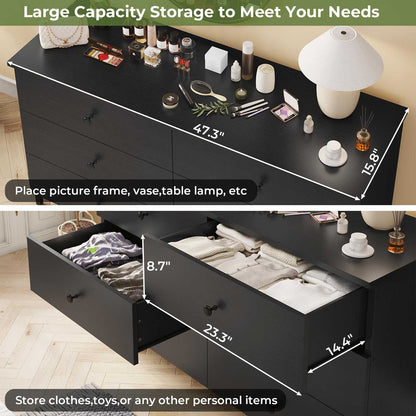 Hasuit | 47.3 Inch Double Dresser Wooden Dressers with Heavy Sturdy Steel Frame Large Capacity Storage Chest of 6 Drawers