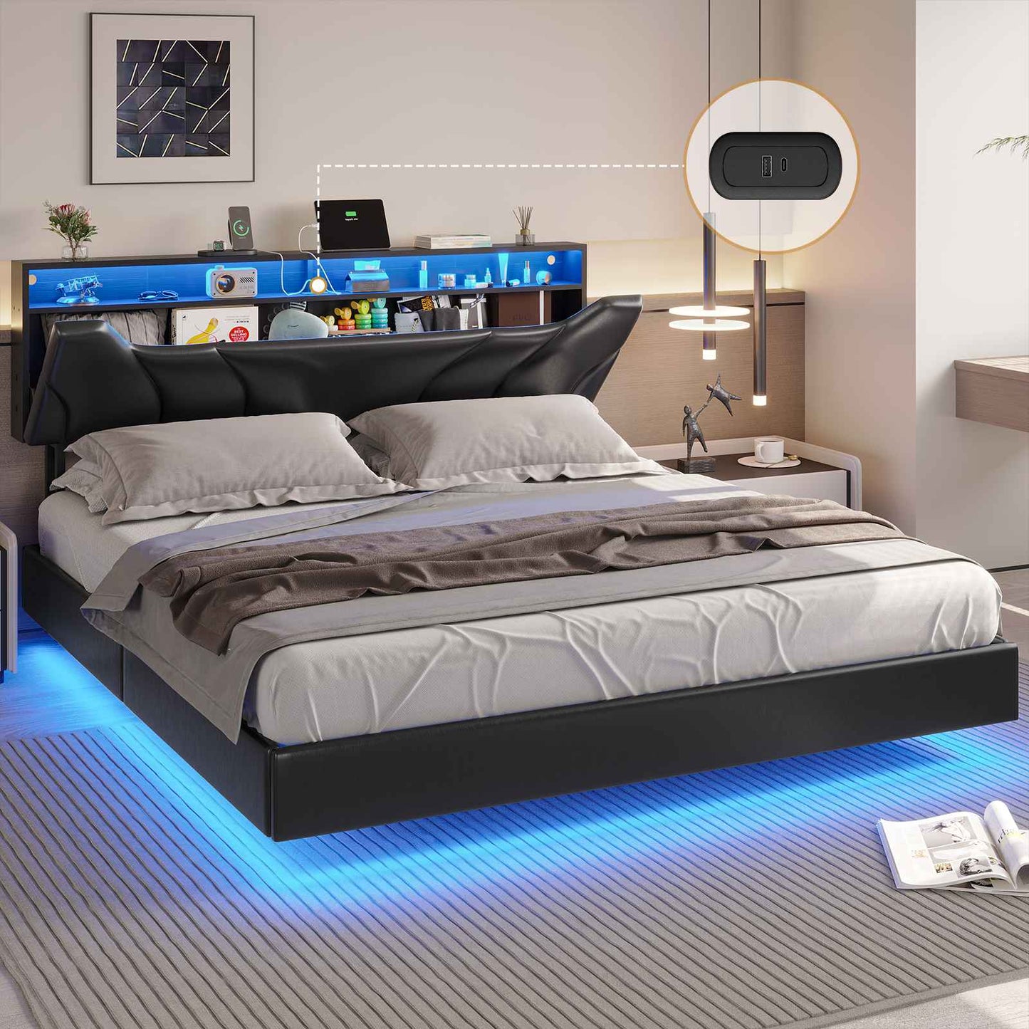 Hasuit | California King Floating Bed Frame with Storage Headboard and LED Lights Cal King Size Visual Floating Bed Frame with Charging Station