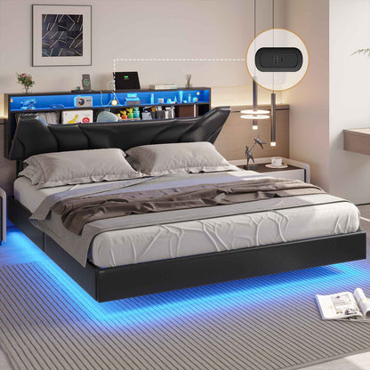 Hasuit | California King Floating Bed Frame with Storage Headboard and LED Lights Cal King Size Visual Floating Bed Frame with Charging Station