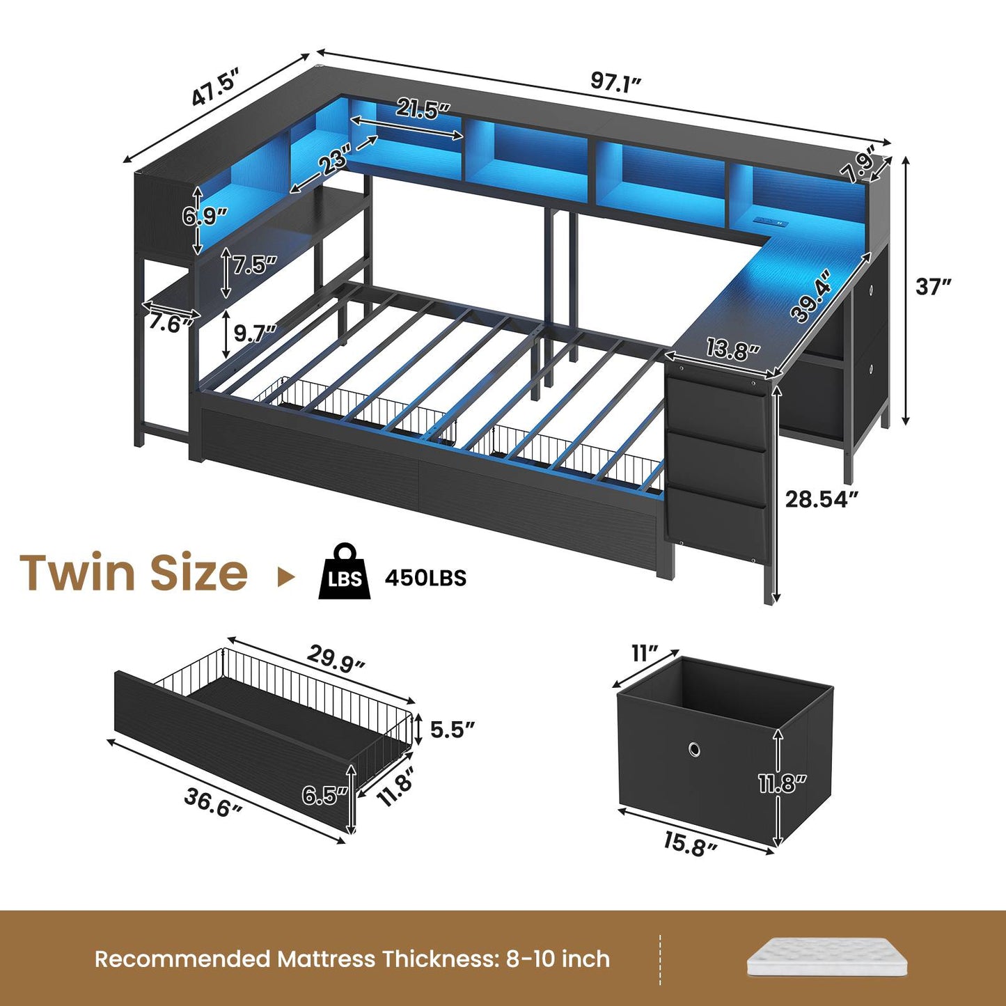 Hasuit | Twin Corner Bed with Desk and Storage Bookcase Daybed with Charging Station and LED Light Modern Teenagers Bedframe