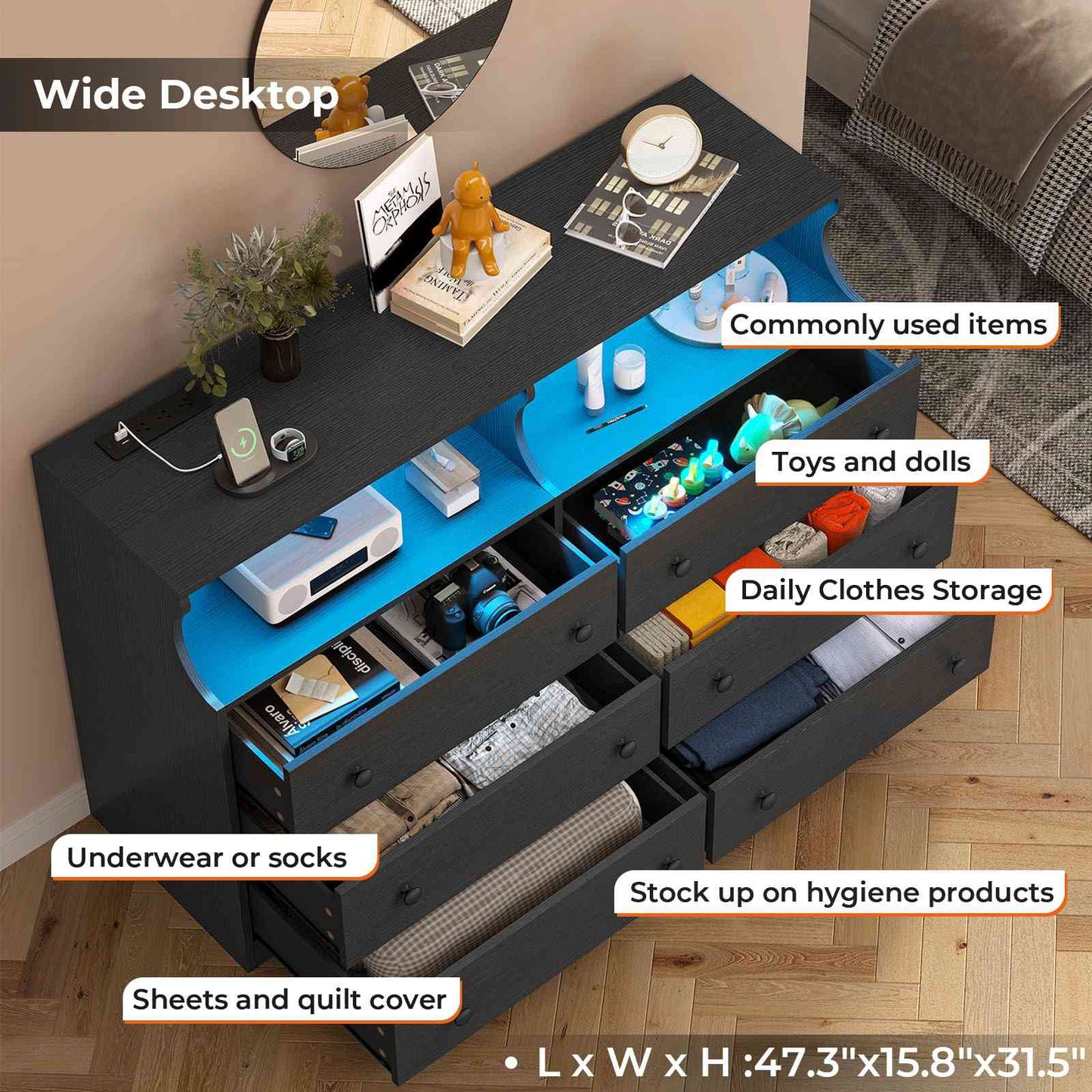 Hasuit | 47.3 Inch Wide Dresser with LED Lights and Charging Station Chest of 6 Drawers with Open Space Modern Large Capacity Storage Cabinet
