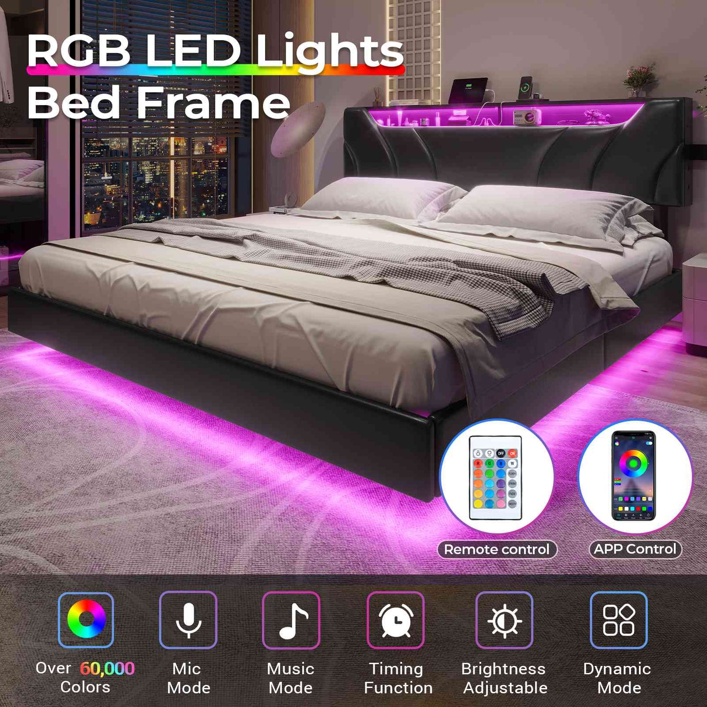 Hasuit | California King Floating Bed Frame with Storage Headboard and LED Lights Cal King Size Visual Floating Bed Frame with Charging Station