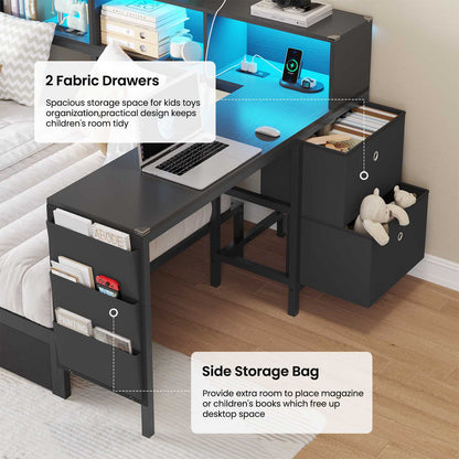 Hasuit | Twin Corner Bed with Desk and Storage Bookcase Daybed with Charging Station and LED Light Modern Teenagers Bedframe