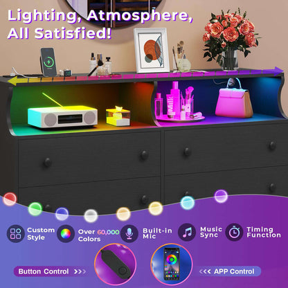Hasuit | 47.3 Inch Wide Dresser with LED Lights and Charging Station Chest of 6 Drawers with Open Space Modern Large Capacity Storage Cabinet