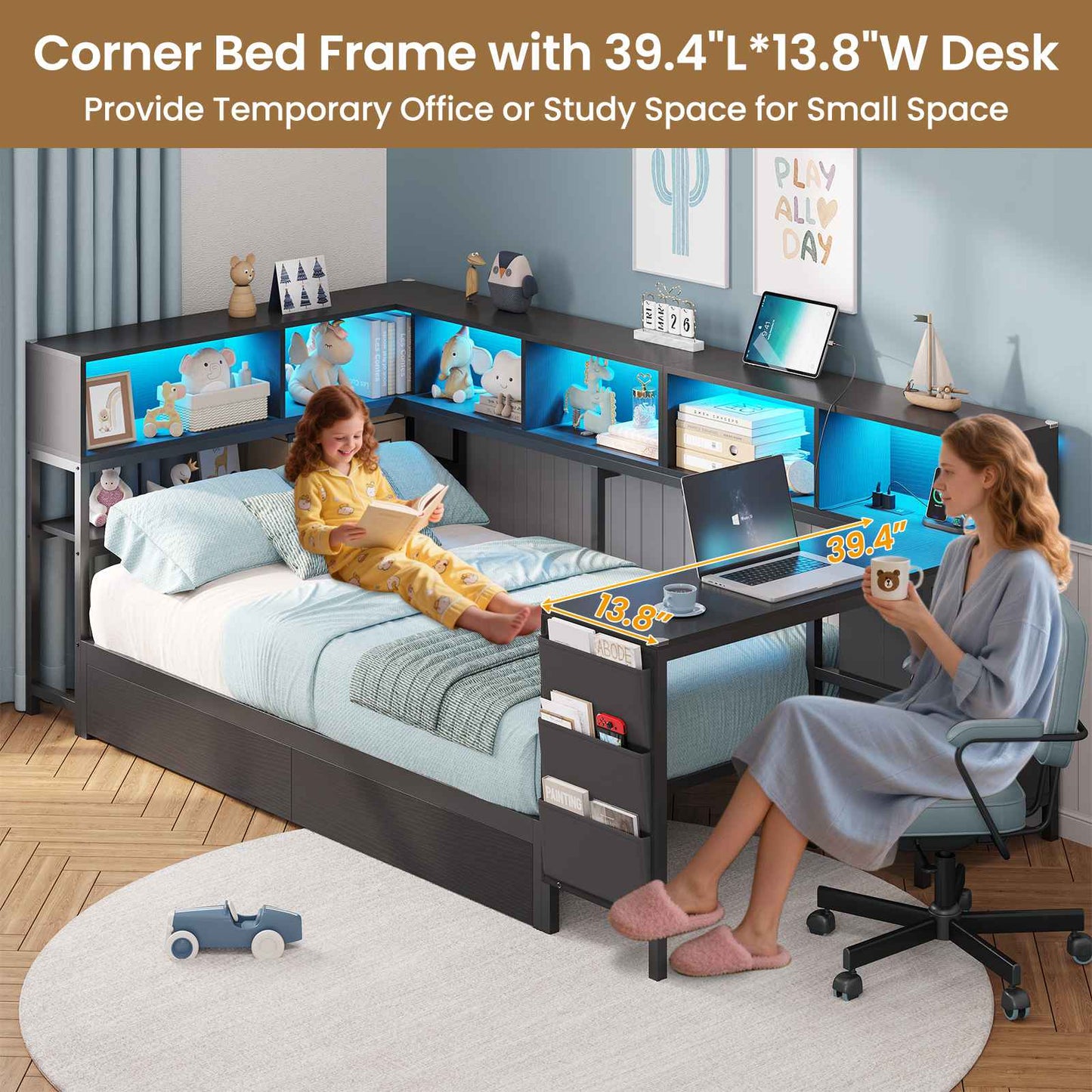 Hasuit | Twin Corner Bed with Desk and Storage Bookcase Daybed with Charging Station and LED Light Modern Teenagers Bedframe