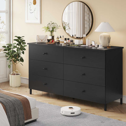 Hasuit | 47.3 Inch Double Dresser Wooden Dressers with Heavy Sturdy Steel Frame Large Capacity Storage Chest of 6 Drawers