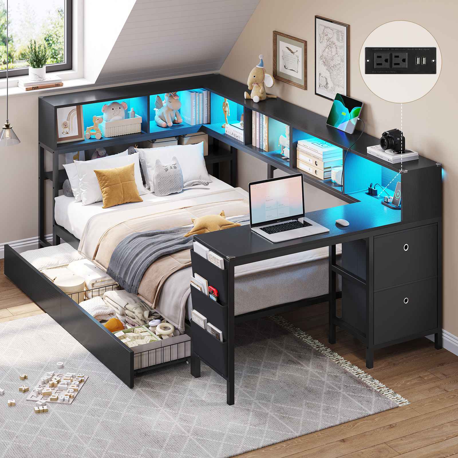 Hasuit | Twin Corner Bed with Desk and Storage Bookcase Daybed with Charging Station and LED Light Modern Teenagers Bedframe