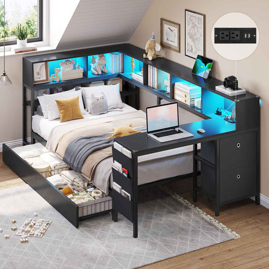 Hasuit | Twin Corner Bed with Desk and Storage Bookcase Daybed with Charging Station and LED Light Modern Teenagers Bedframe