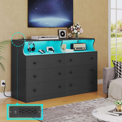 Hasuit | 47.3 Inch Wide Dresser with LED Lights and Charging Station Chest of 6 Drawers with Open Space Modern Large Capacity Storage Cabinet