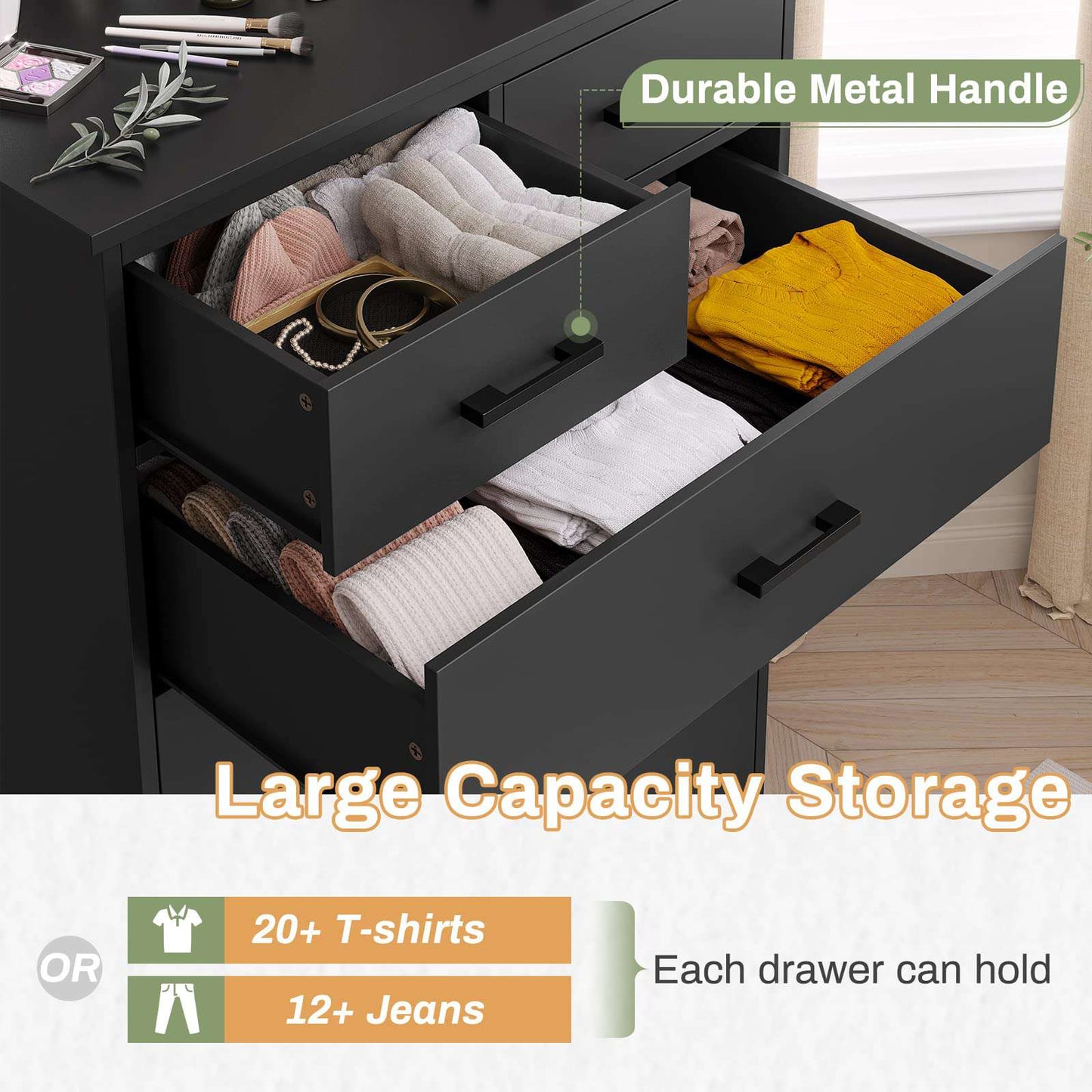 Hasuit | 44.5 Inch Tall Dresser 7 Drawer Dresser with Sturdy Base Wood Storage Tower Clothes Organizer Large Storage Cabinet