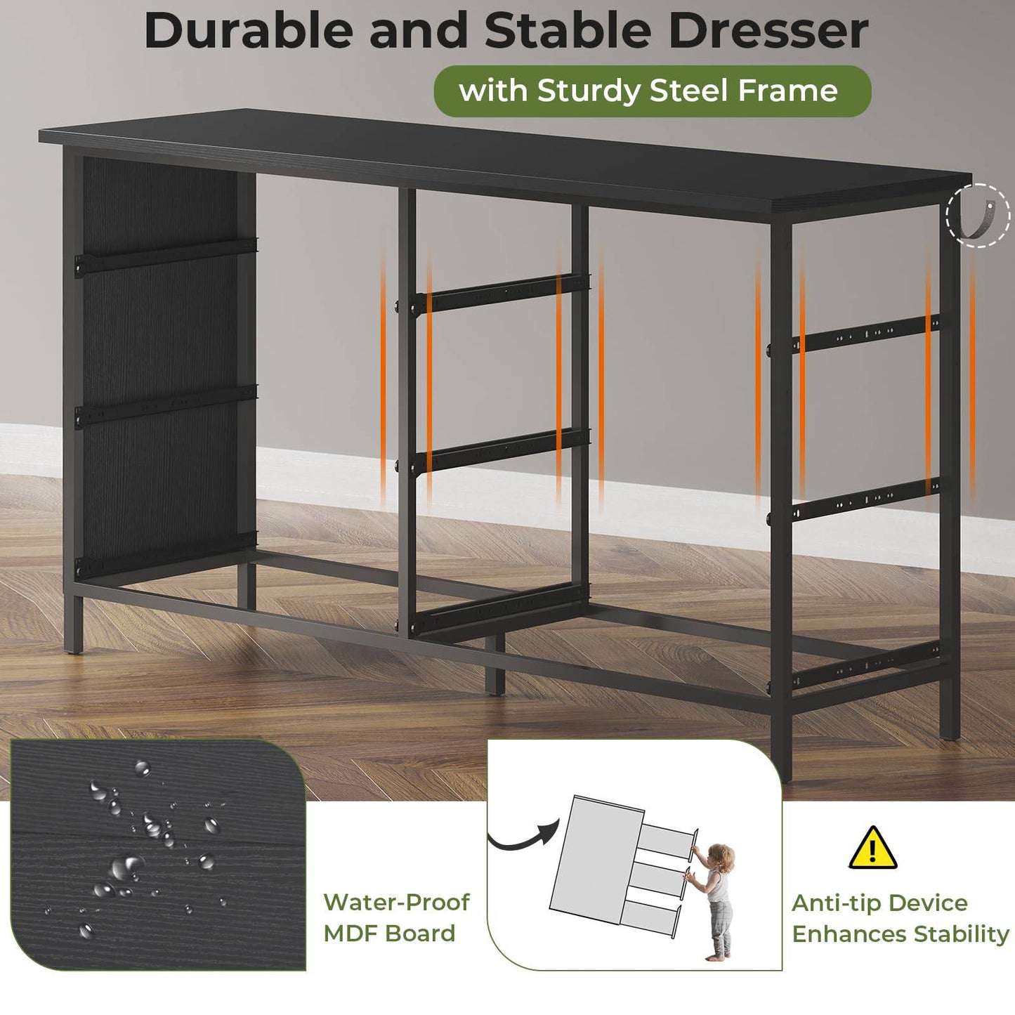 Hasuit | 47.3 Inch Double Dresser Wooden Dressers with Heavy Sturdy Steel Frame Large Capacity Storage Chest of 6 Drawers