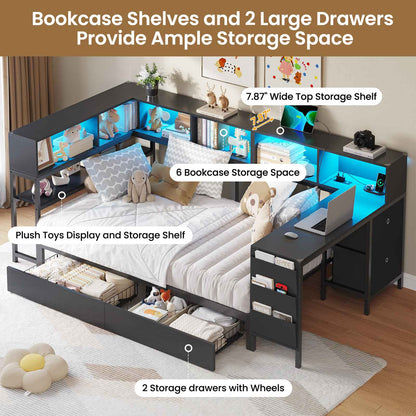 Hasuit | Twin Corner Bed with Desk and Storage Bookcase Daybed with Charging Station and LED Light Modern Teenagers Bedframe
