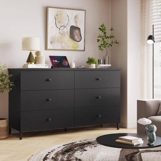 Hasuit | 47.3 Inch Double Dresser Wooden Dressers with Heavy Sturdy Steel Frame Large Capacity Storage Chest of 6 Drawers