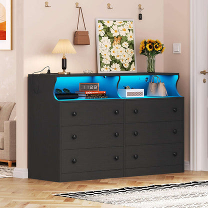 Hasuit | 47.3 Inch Wide Dresser with LED Lights and Charging Station Chest of 6 Drawers with Open Space Modern Large Capacity Storage Cabinet