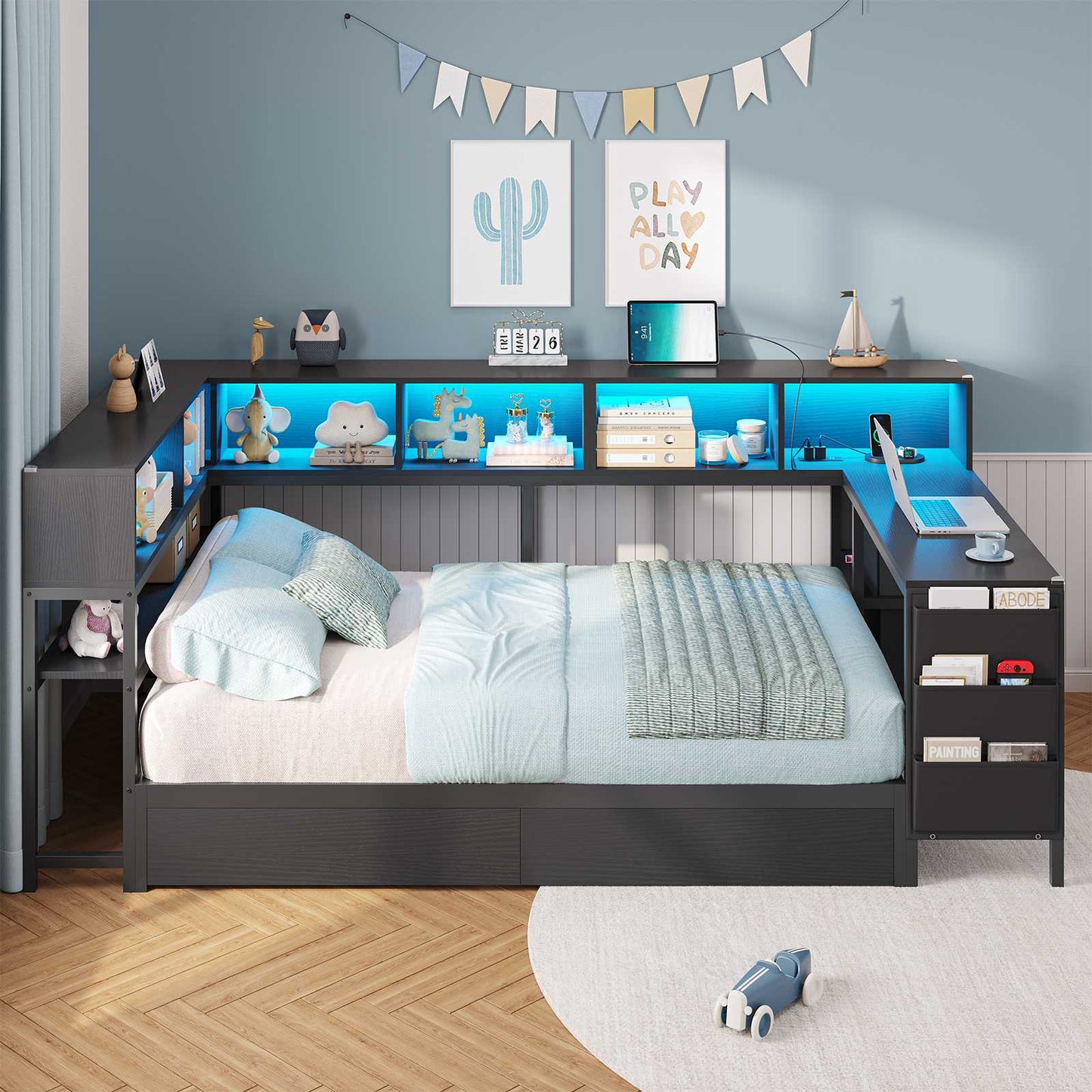 Hasuit | Twin Corner Bed with Desk and Storage Bookcase Daybed with Charging Station and LED Light Modern Teenagers Bedframe
