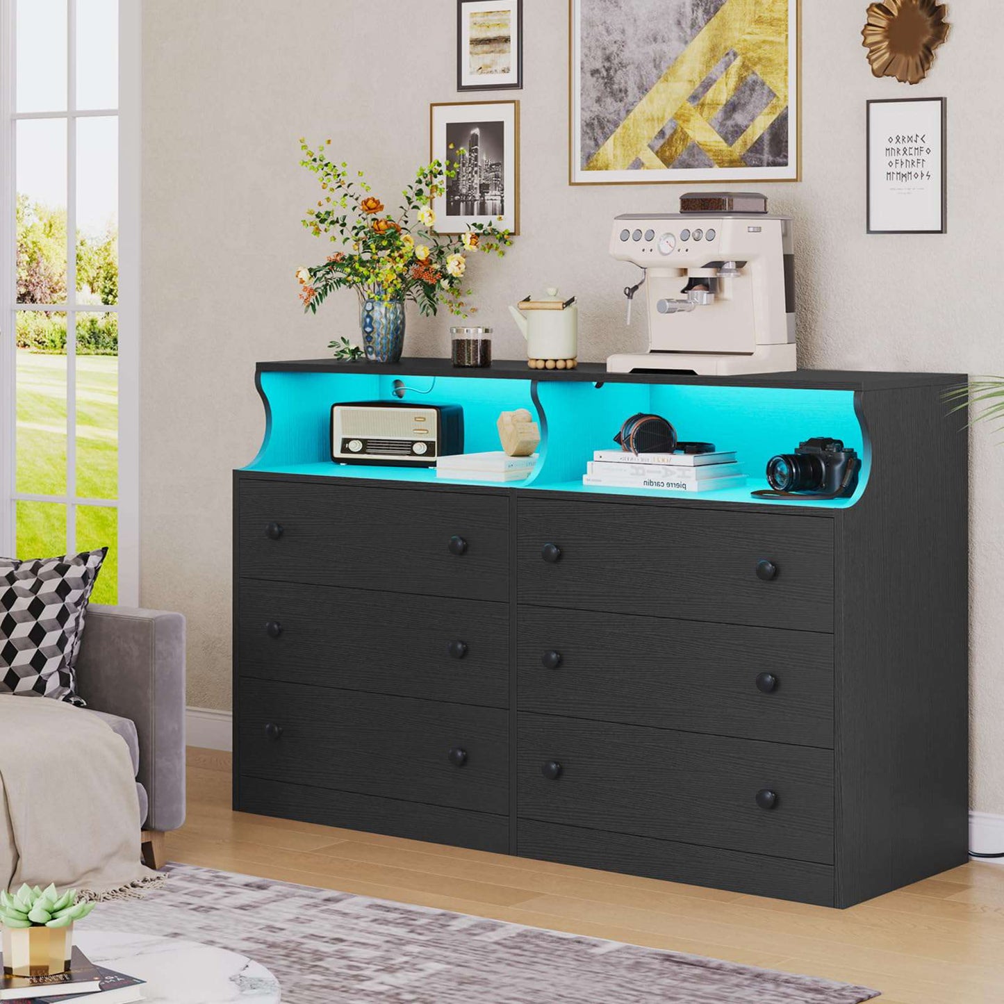 Hasuit | 47.3 Inch Wide Dresser with LED Lights and Charging Station Chest of 6 Drawers with Open Space Modern Large Capacity Storage Cabinet