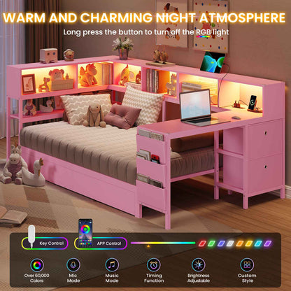 Hasuit | Twin Corner Bed with Desk and Storage Bookcase Daybed with Charging Station and LED Light Modern Teenagers Bedframe