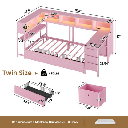 Hasuit | Twin Corner Bed with Desk and Storage Bookcase Daybed with Charging Station and LED Light Modern Teenagers Bedframe