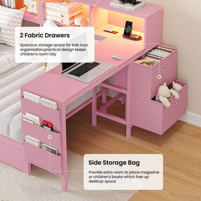 Hasuit | Twin Corner Bed with Desk and Storage Bookcase Daybed with Charging Station and LED Light Modern Teenagers Bedframe