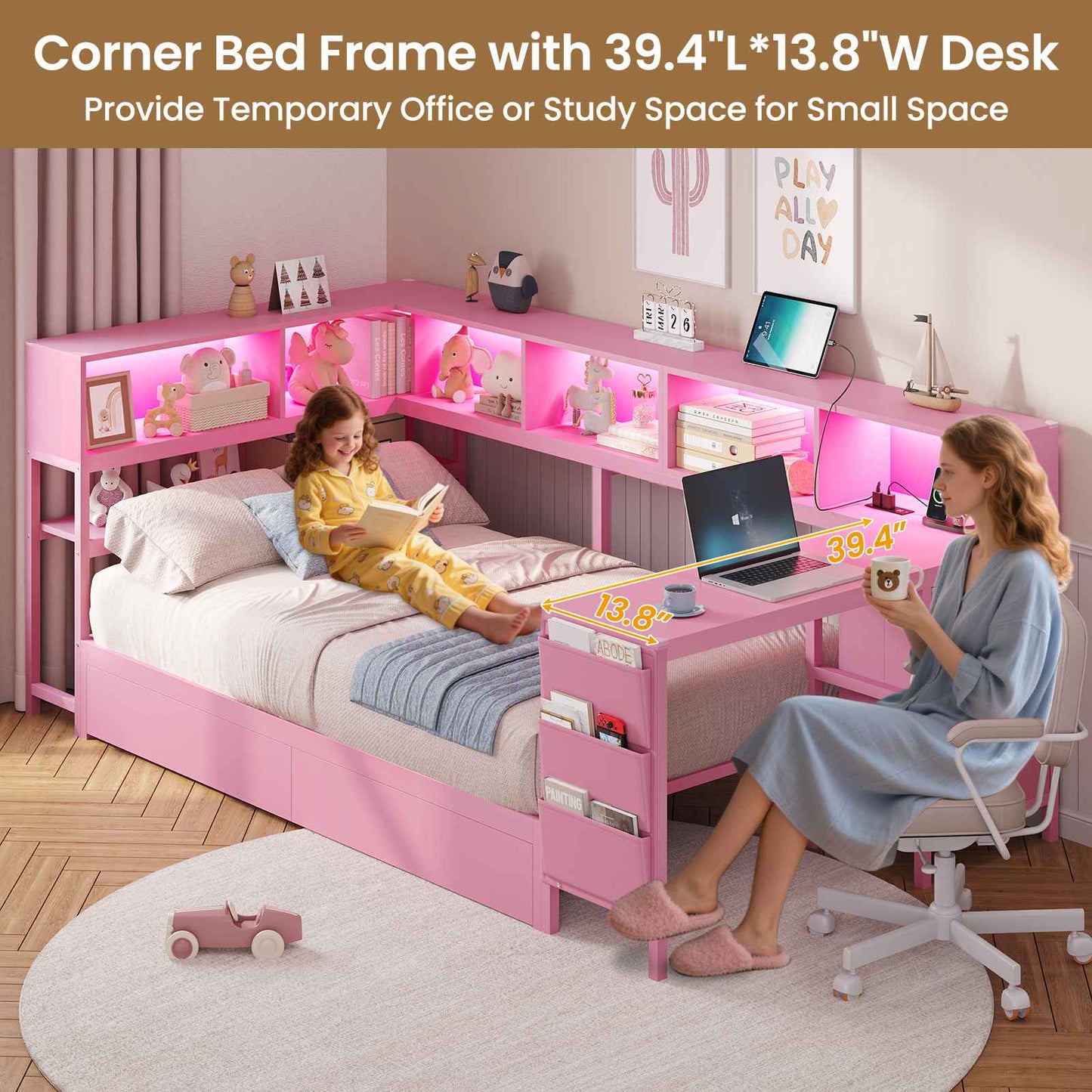 Hasuit | Twin Corner Bed with Desk and Storage Bookcase Daybed with Charging Station and LED Light Modern Teenagers Bedframe