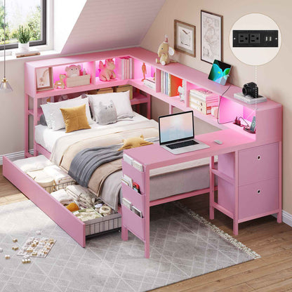 Hasuit | Twin Corner Bed with Desk and Storage Bookcase Daybed with Charging Station and LED Light Modern Teenagers Bedframe