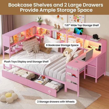 Hasuit | Twin Corner Bed with Desk and Storage Bookcase Daybed with Charging Station and LED Light Modern Teenagers Bedframe