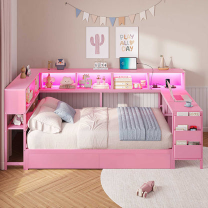 Hasuit | Twin Corner Bed with Desk and Storage Bookcase Daybed with Charging Station and LED Light Modern Teenagers Bedframe
