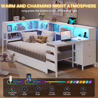 Hasuit | Twin Corner Bed with Desk and Storage Bookcase Daybed with Charging Station and LED Light Modern Teenagers Bedframe