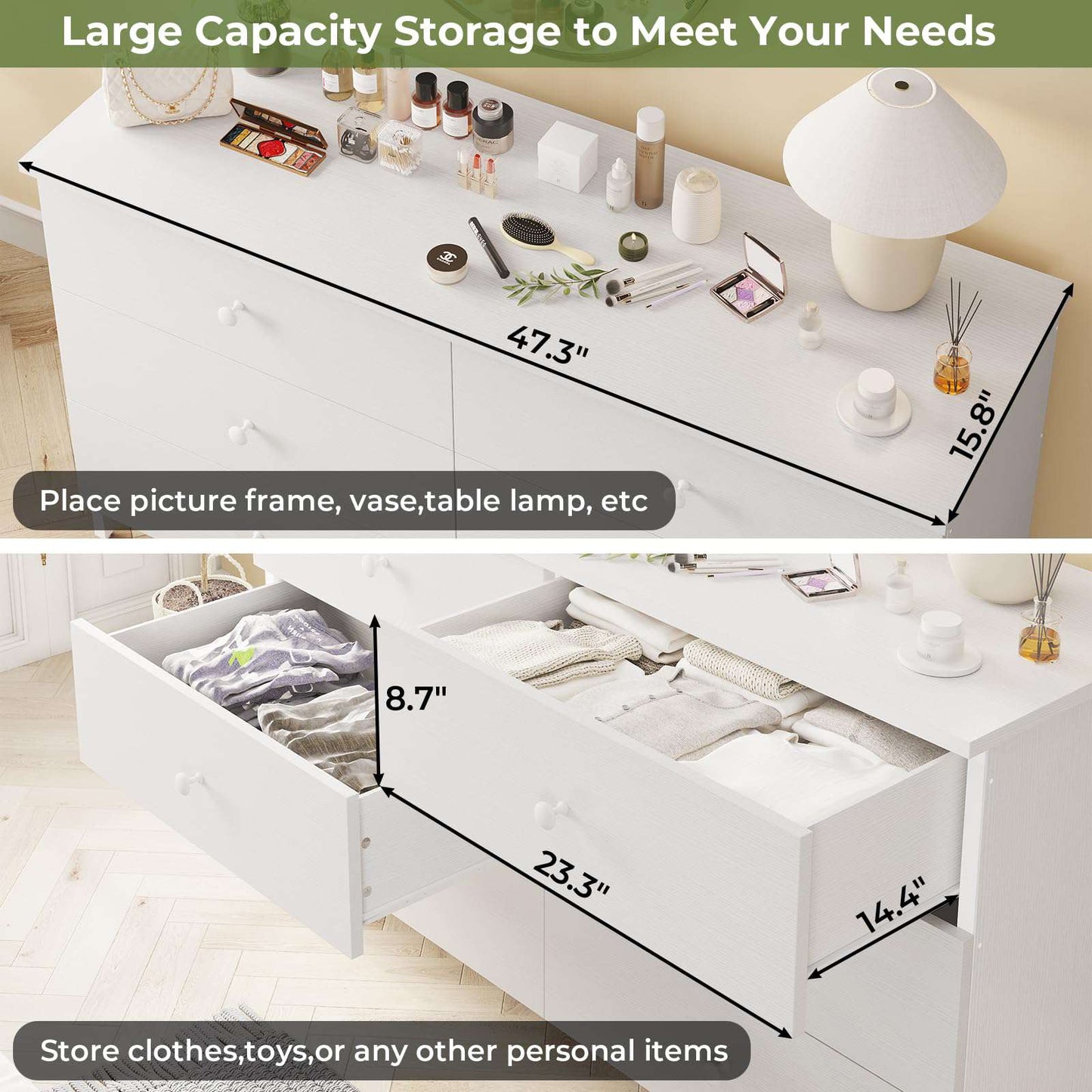 Hasuit | 47.3 Inch Double Dresser Wooden Dressers with Heavy Sturdy Steel Frame Large Capacity Storage Chest of 6 Drawers