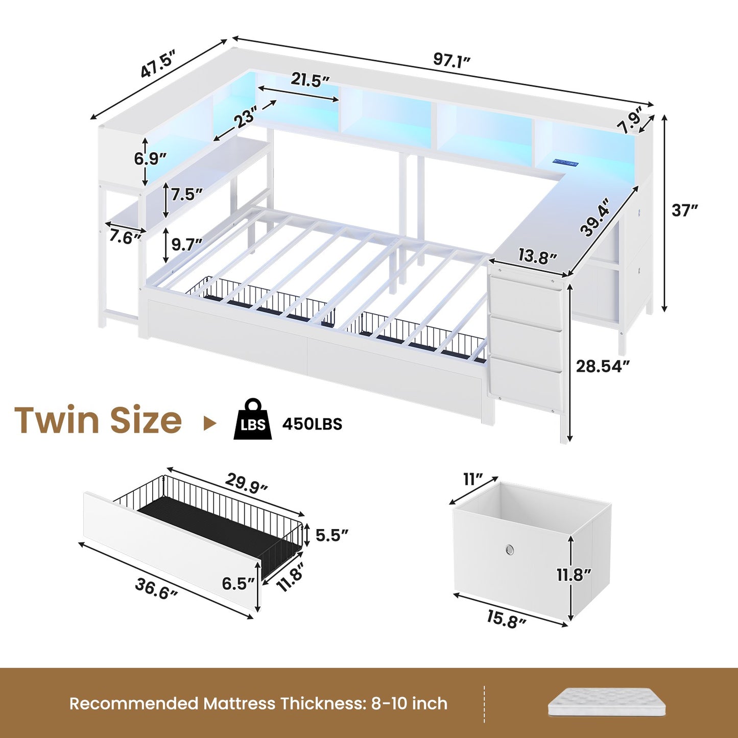 Hasuit | Twin Corner Bed with Desk and Storage Bookcase Daybed with Charging Station and LED Light Modern Teenagers Bedframe