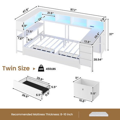 Hasuit | Twin Corner Bed with Desk and Storage Bookcase Daybed with Charging Station and LED Light Modern Teenagers Bedframe