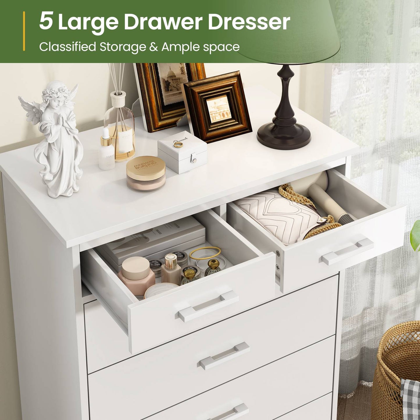 Hasuit | 44.5 Inch Tall Dresser 7 Drawer Dresser with Sturdy Base Wood Storage Tower Clothes Organizer Large Storage Cabinet