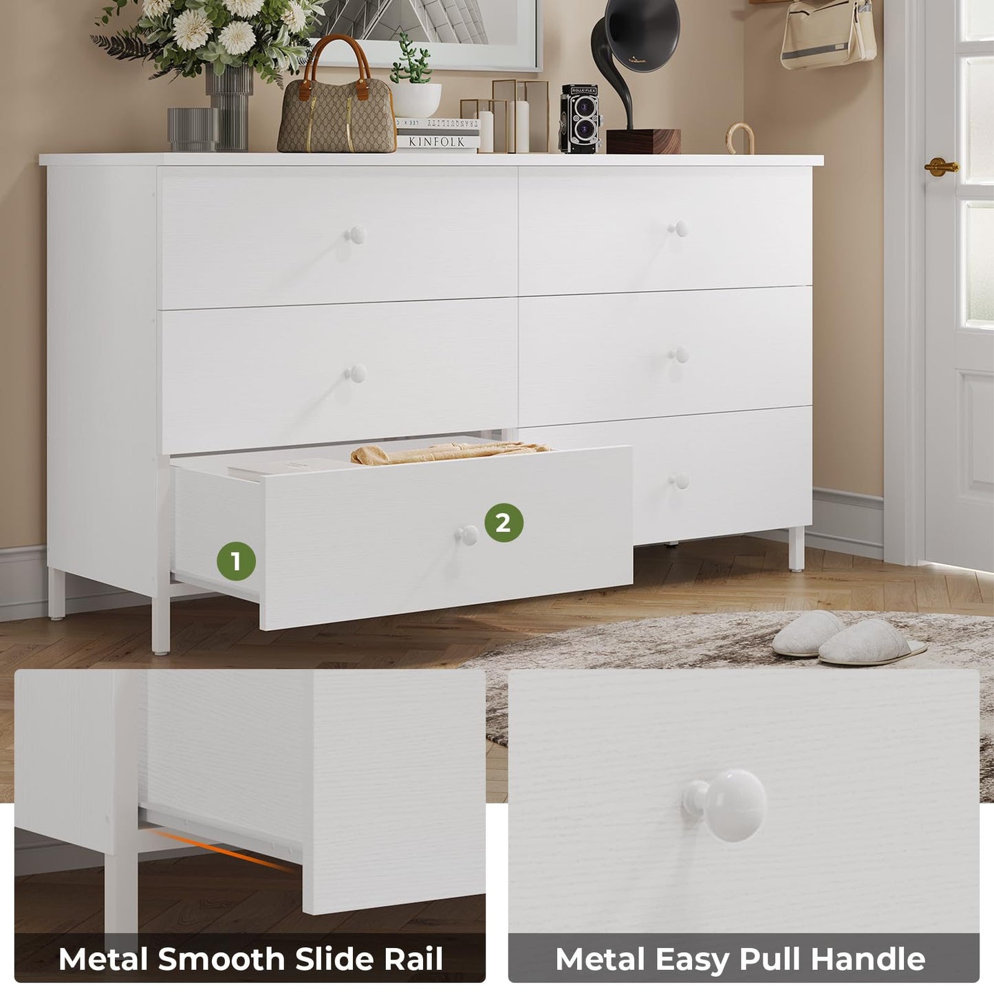 Hasuit | 47.3 Inch Double Dresser Wooden Dressers with Heavy Sturdy Steel Frame Large Capacity Storage Chest of 6 Drawers