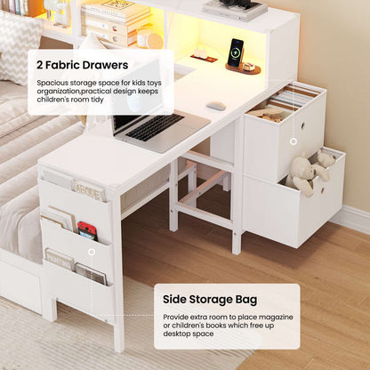 Hasuit | Twin Corner Bed with Desk and Storage Bookcase Daybed with Charging Station and LED Light Modern Teenagers Bedframe
